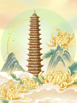 開(kāi)封鐵塔古風(fēng)建筑插畫(huà)