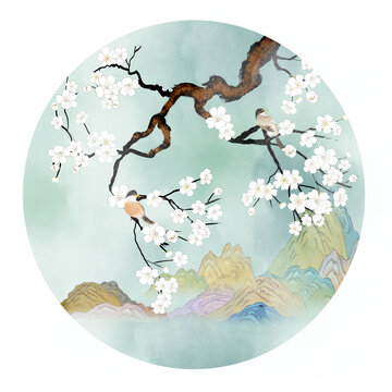 梅花花鳥(niǎo)山水插畫(huà)