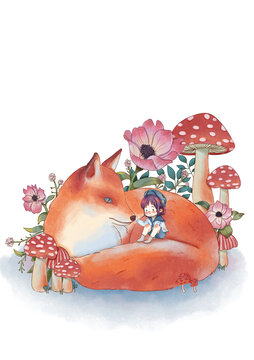 小场景狐狸和小女孩水彩插画