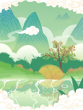 國潮插畫古樓植物山水風景