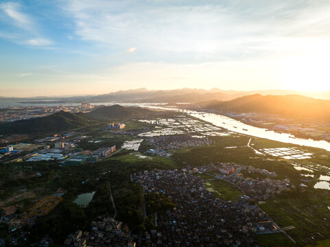 珠海斗门乡村风光夕阳航拍