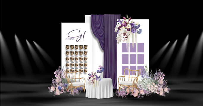 紫色布幔小众婚礼迎宾区