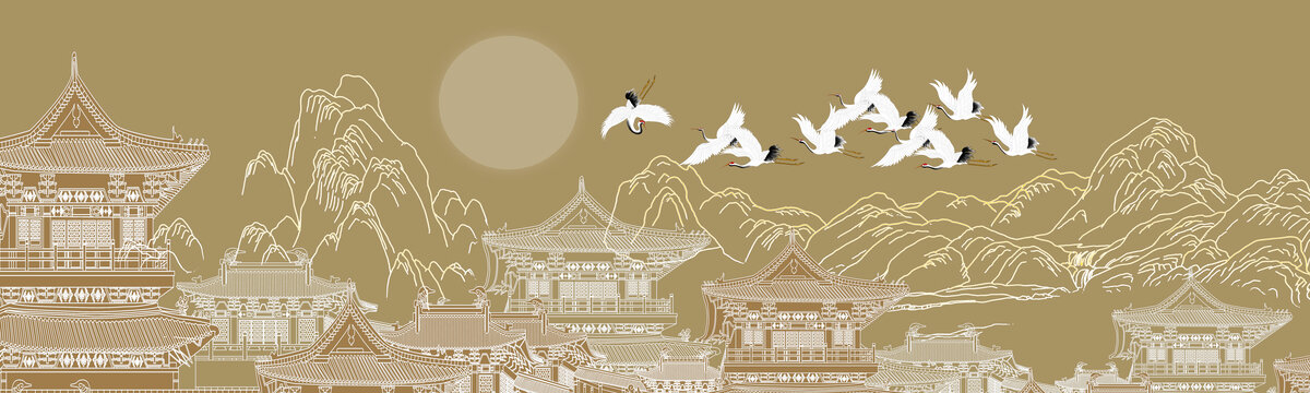 線描山水畫背景墻
