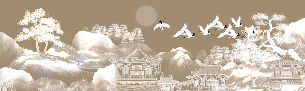 線描山水閣樓瑞鶴圖