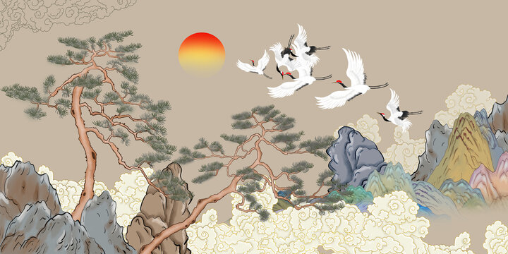 古風迎客松瑞鶴圖