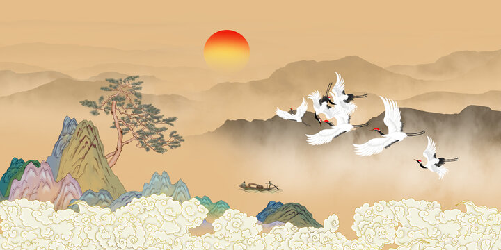 復(fù)古山水壁畫掛畫