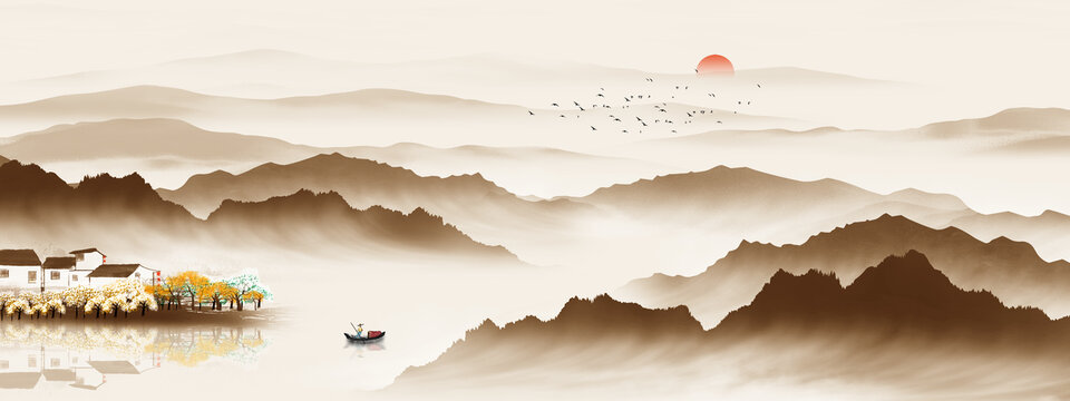 金色山水背景墻