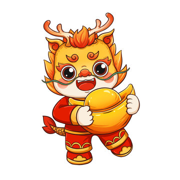 國潮卡通龍年形象抱金元寶