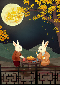 中秋佳节吃月饼的兔子