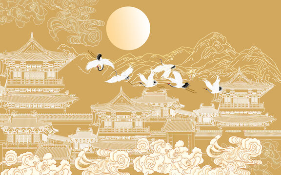 線描閣樓山水背景墻