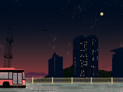 扁平插画城市夜景