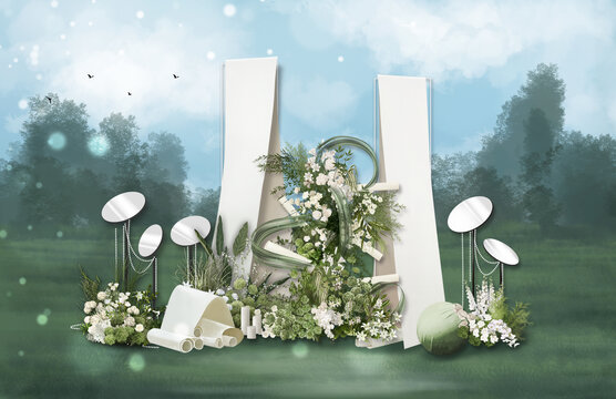 韓式白綠戶外草坪婚禮效果圖