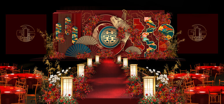 紅色中式婚禮舞臺(tái)效果圖