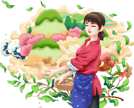 農(nóng)村女孩喂雞插畫