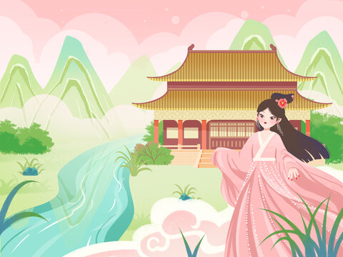 國潮插畫漢服女子古建筑