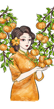 橘子美女插画
