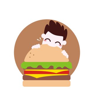 卡通可爱男孩吃汉堡半身