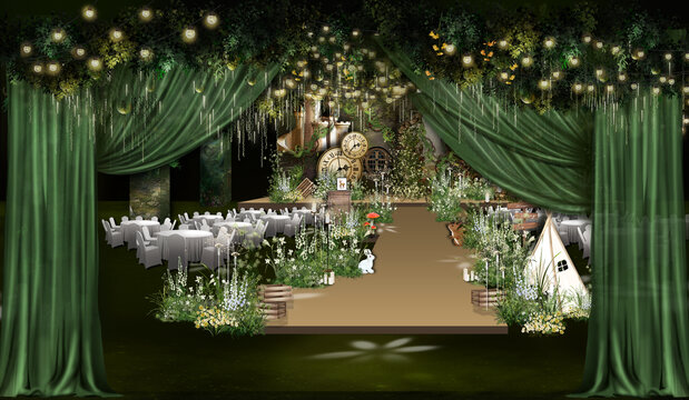 小厅柱子森系绿色主题婚礼