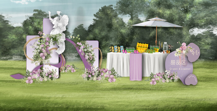 户外粉紫色婚礼甜品合影区