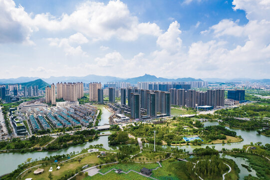 台州温岭九龙湖城市风光航拍