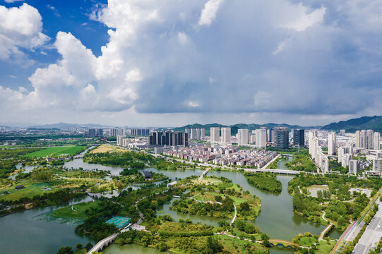 台州温岭九龙湖城市风光航拍