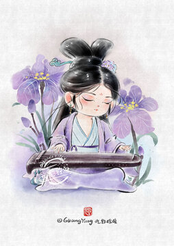 Q版古琴女孩水墨畫