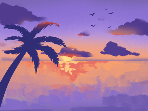 风景插画海边落日椰子树倒影