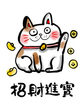 招财进宝招财猫水墨画