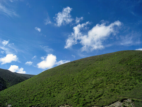 蓝天下的绿色山坡