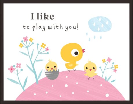 小雞卡通兒童房插畫印花