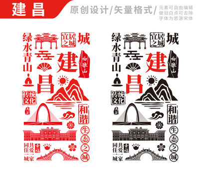 建昌县手绘地标建筑元素插图