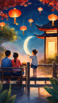 中秋节一家人赏月厚涂风插画