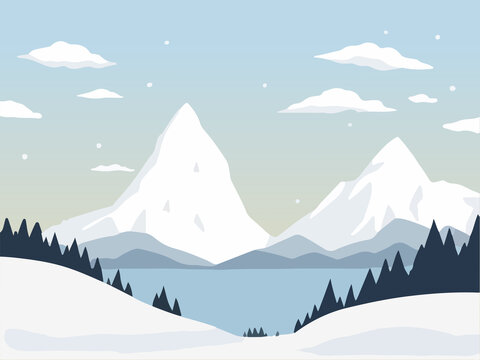雪山湖扁平插畫