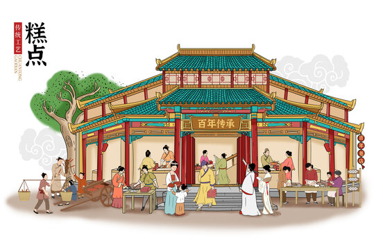 古代街市商业店铺插画