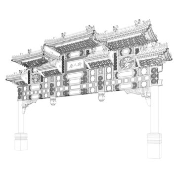 唐人街牌楼轴测线稿图