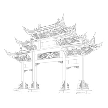 蘇式牌樓軸測線稿圖