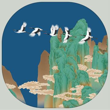 青綠金碧山水仙鶴圖