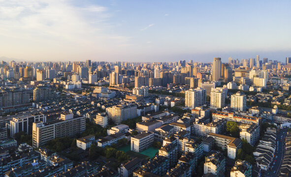 杭州城市风光黄昏航拍