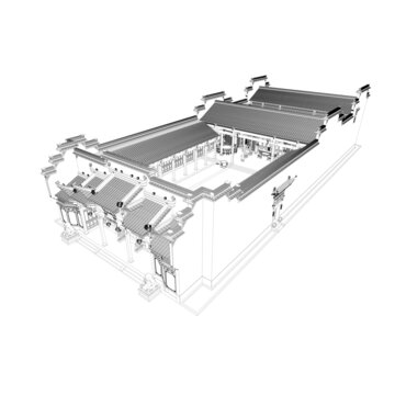 徽派祠堂鸟瞰线稿图