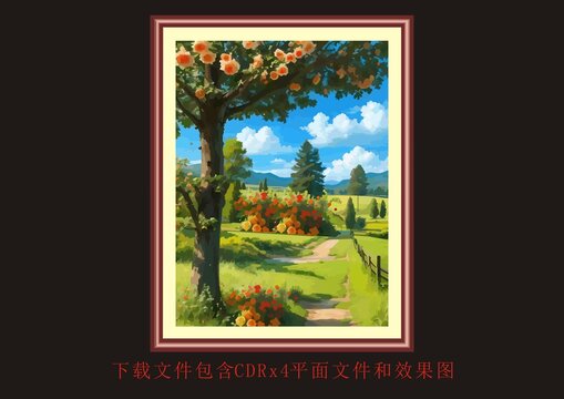 大樹玫瑰月季樹木藍天白云油畫