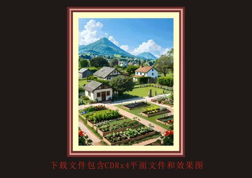 藍(lán)天白云山峰田野小屋鄉(xiāng)村