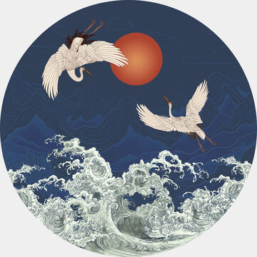 仙鶴海浪背景墻
