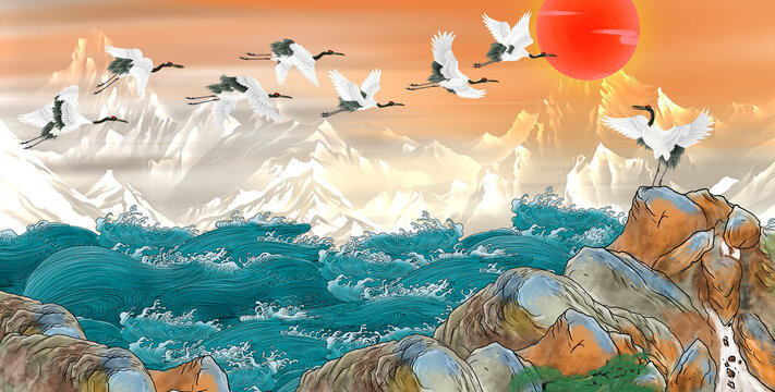 海浪仙鶴背景墻