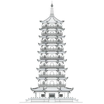 閩南古塔正立面純線稿圖