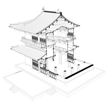 獨樂寺觀音閣軸測剖面線稿圖
