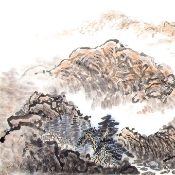 国画山水水墨淡彩国画小品