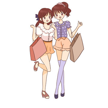 手繪卡通閨蜜購物免摳元素