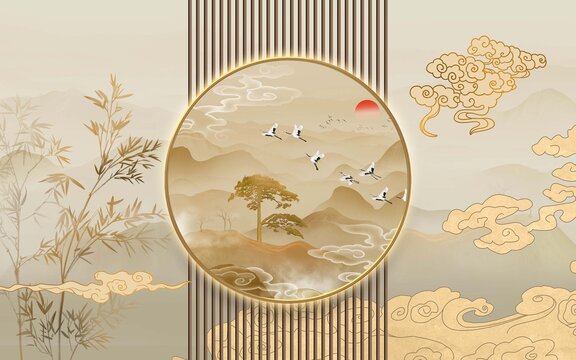 新中式柵格祥云竹子畫