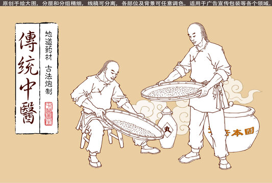 傳統(tǒng)中藥丸加工插畫線描版