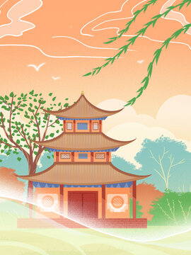 國潮國風古建筑植物景色